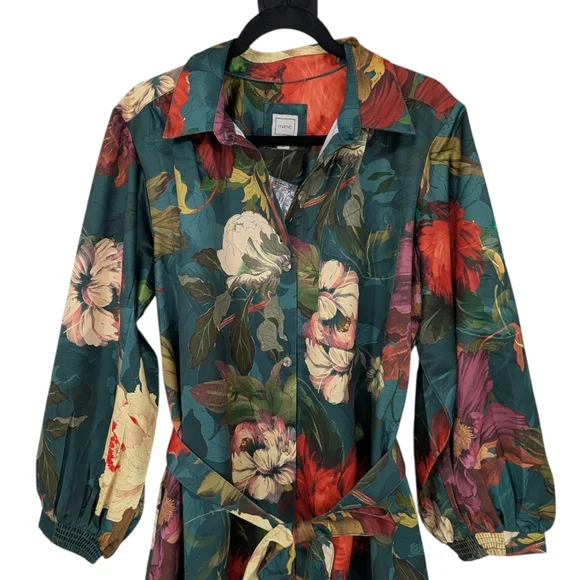 NWT Maeve Mona Silky Maxi Shirt Dress | L Petite | Teal Floral Multicolor Spring - Picture 4 of 15